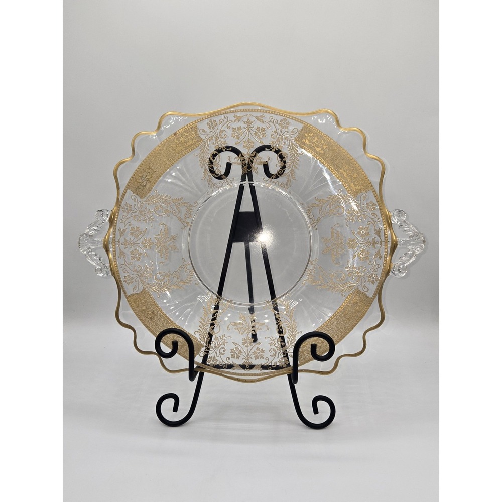 Antique Gold Encrusted Glass Serving Plate with Handles Scalloped‎ Rim 12 3/4"